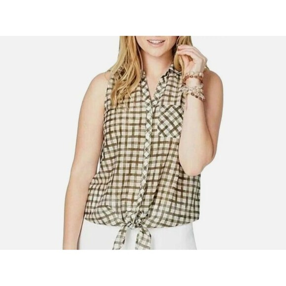 J. Jill Tie Front Button Up Blouse-Small-Sleeveless-Windowpane Plaid-Silk Blend - Picture 1 of 10